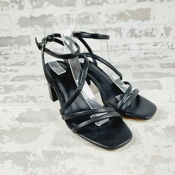 New Nordstrom Lagrange Black Faux Leather Block Heel Strappy Sandals K90 - Picture 4 of 13